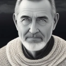 award winning portrait digital painting of an older male medieval grizzled sailor in a knitted sweater with wrinkles on face, ocean, waves, mountain cliffside with breaking waves, stormy, sinister, evil, (backlighting:1.3), concept art, smooth, sharp focus, rule of thirds, dark fantasy,intricate details, medium shot