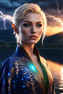 detailed eyes, female russian half elf, curvy, blonde short hairstyle, detailed glowing ornamental magical pattern robe, glowing gem crackling with lightning implanted on robe, 8k, high detail, lake background, midnight, facing viewer, front facing