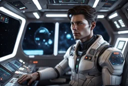 Hybrid male human/android, sitting at navigation console of star cruiser ship, casual, hyper-photo-realistic, detailed, cinematic lighting