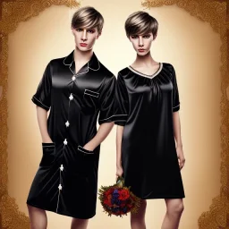 Russian short hair beautiful tomboy boyish boylike short man's haircut boyish features shortcut in black girlish nightgown in hotel wedding night