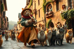 "The Cat Pied Piper of Hamelin, dressed in flowing, colorful Renaissance garments, playing a magical flute, followed by a majestic parade of cats in all sizes and colors, walking in perfect harmony along old cobblestone streets, Renaissance buildings with ivy, curious townsfolk leaning out of balconies with astonished faces, golden-hour lighting, high fantasy, highly detailed, 8K, hyper-realistic, magical realism --v 7 --ar 21:9 --style raw --q 2"