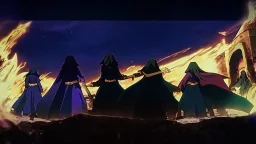 Adventurer party of four people, standing before a dark castle