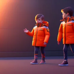 3d render, Willem dafoe toddler, full body, orange puffer jacket, dramatic lighting, volumetric lighting, concert background, hyper realistic, unreal engine 5, 8k, UHD,