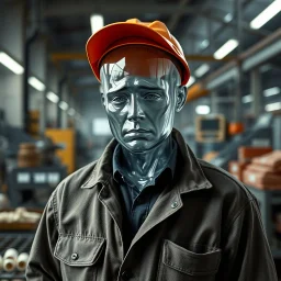 an very sad transparent glas man with working clothes, in a factory, nobody cares about the empty glas man, that is why he is so sad :( , he had worked 30 years in the factory and never had a salary increase, tears in his eyes, the working man is transparent, everyone see through him