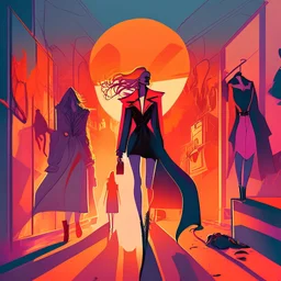A vampire fashion morning sunrise and a catwalk with loads of clothes on the side with vibrant colours illustration