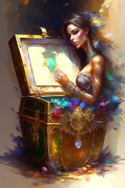 fantastic treasure chest with full of diamonds jewels gemstones and gold oil painting by Yossi Kotler elegant extremely detailed intricate oil on canvas very attractive beautiful crisp quality Michelangelo Jean-Baptiste Monge Pino Daeni Josephine Wall Daniel Gerhartz