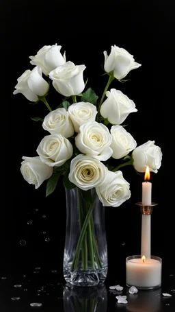 HThe image is a digital artwork that depicts a bouquet of 12 white roses in crystal vase , creating a wave-like effect. Beside it an elegant candle , The background is black, which makes the white rose stand out even more. Water droplets are scattered adding to the dreamy, ethereal quality of the image. The a