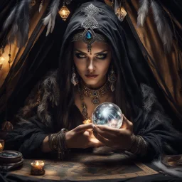 Hyper Realistic photographic-view of Wicked-&-Beautiful-Fortune-teller-with-cat-eyes wearing black-beed-necklace-&-bracelet angrily Looking at her crystal-ball glowing magically & sitting in her tent at dark-night decorated with fancy-traditional-feathers-&-tarot-cards showing dramatic & cinematic ambiance"