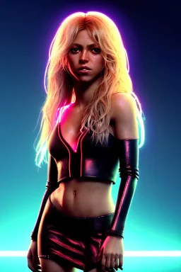 portrait, Shakira, blonde artist, angry, Realistic image, latex style dress. Skewers, loose long hair, eyes make up, perfect, glow, circle iris. Neon colors, leds, geometric shapes. Dark background, photo studio, neon lights. Cyberpunk, concept art, smooth, unreal engine 5, god lights, ray tracing, RTX, lumen lighting, ultra detail, volumetric lighting, 3d, finely drawn, high definition, 4k.