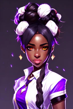 arcane tv show style, league of legends, solo, 1girl, attractive teenager, african, dark skin, dark-brown eyes, black hair, pair buns, violet strands of forehead bangs, necklace, earrings, modern makeup, (detailed skin texture), white oversize shirt