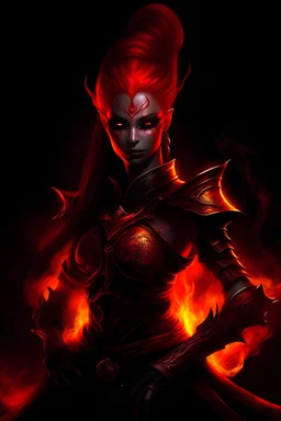 aschatria, female spirit warrior, red, ablaze in flames and fire, darkness, black