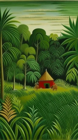 A green jungle with tribal huts painted by Henri Rousseau