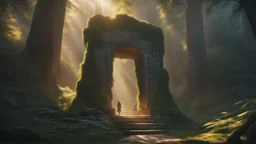 an ancient portal. magic light. stone golems. dense forrest. cinematic lighting, hyper realisme, Hyperrealistic, splash art, concept art, mid shot, intricately detailed, color depth, dramatic, 2/3 face angle, side light, colorful background