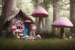 a cute fairy house pink and blue in the forest, spring time, mushrooms, 8k, flickering light, centered, high-quality, fine-detail, digital art, detailed matte, volumetric lighting, illustration, 3D octane render