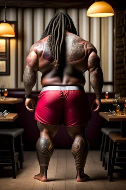 full body shot back view photography of a burly stocky giant gipsy lumberjack tattoed 55 years old , in italian restaurant, shirtless with swimwear, dreadlocks, long beard, emotive eyes, big shoulders, big fat bump, ambient occlusions, photorealistic