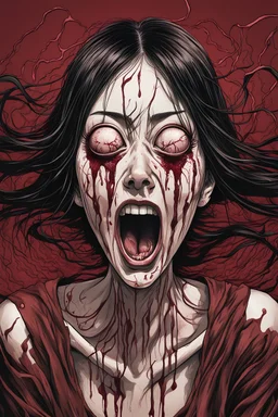 woman with 4 eyes, face distorted with pain, screaming, tears streaming from eyes, siting pose, fullbody, Junji Ito style, darkred tones,