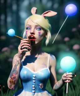 Ultra realistic wonderland photo, happy blonde Alice smoking a pipe, blue dress, white rabbit pet, circus dress style, old school tattoo, smoke, marijuana garden, glow eyes, perfect iris, little mushroom balloons, soft color, highly detailed, unreal engine 5, ray tracing, RTX, lumen lighting, ultra detail, volumetric lighting, high definition.