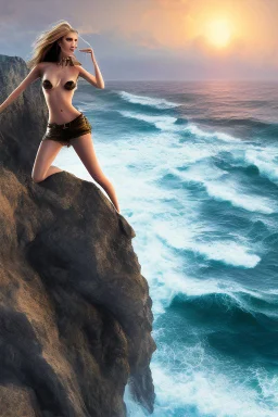 blonde woman standing at the edge of a cliff waves crashing against the rocks below