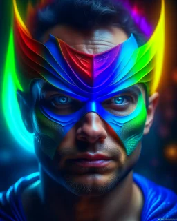 ultra realistic photo portrait of superhero man with stylized dragon mask over his eyes and forehead cosmic energy, colorful, painting burst, beautiful symmetrical face, nonchalant kind look, realistic round eyes, tone mapped, intricate, elegant, highly detailed, digital painting, artstation, concept art, smooth, sharp focus, illustration, dreamy magical atmosphere