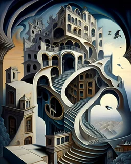 A captivating, surrealist painting of a gravity-defying, Escher-inspired building with multiple perspectives, impossible staircases, and fantastical elements that defy the laws of physics, set within a dream-like landscape.