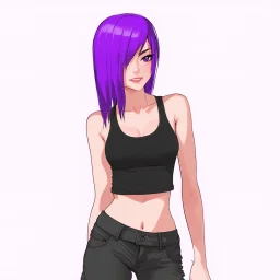 a pretty girl, skinny, relaxed, tank top, purple hair, deviantart, stylised, digital art