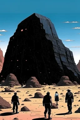 giant black rock in the desert with small people around n the style of Hiroshi Nagai