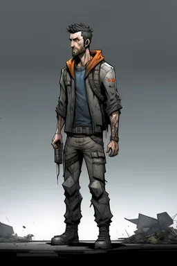 man, , full body, looking serious, comic book, post-apocalypse, grey background