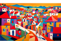 whimsical arafed nonsense, patchwork vibe, acrylic and ink painting of a cozy village main street on undulating hills with color (((minimal))) sketches of village people with (((extremely long limbs))), (((oversize head))), sharp color contrasts, amazing shadows, (((exaggerated limbs and head))), minimal cozy, warm palette, bright bold warm summer colors, color leak, sparse bright orange-red splinters, heavily distorted views, amazing parallels, amazing reflections