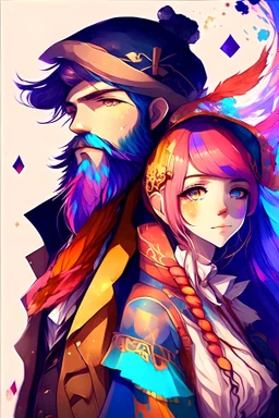 anime couple, mage, colorful, man with beard