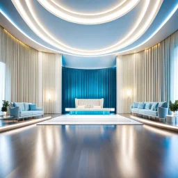 beautiful dance stage with no dancers in luxury modern hall dynamic lights, modern furniture light blue & cream theme