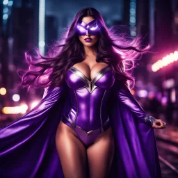 super pretty woman, purple long haired, big bubs, good body, metalic skin, dressed with a mini purple super hero siut, cape, eyemask, shining eyes and plasma light on hands flying over the darkness city