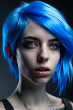 Hyper realistic model with blue hair and blue eyes