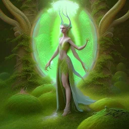 spray painting fantasy art, portrait elven angel with green clothes standing in portal to wet forest world from desert world with camels,poetry book illustration