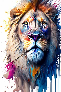 "lion", clean design, art station, splash of colorful paint, contour, ((solid white background)), gazing into camera, hyperdetailed intricately detailed, unreal engine, fantastical, cinema lighting, intricate detail, splash screen, complementary colors, fantasy concept art, 8k resolution, DeviantArt masterpiece, watercolor, paint dripping