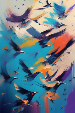 A colorful, abstract expressionist painting featuring a flock of birds in flight, with each bird created using bold, energetic brushstrokes and a vibrant color palette, blending together to convey a sense of movement and freedom.