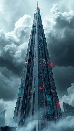 Synthography Art in Bocsh painting style generated Of a high rise The Pyramid shape building with visual details of mechanical and electrical components and chips and components textures with gray clouds storm in the background