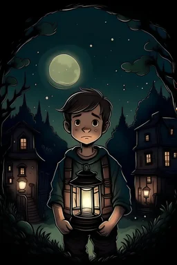 in A4 portrait, make the background color be dim with cool lighting, have a kid in a bottom center of the however make him only a small part of the image, make him hold a lantern or a torch. make the boy face a landscape or city with a night sky and the back against us, make this in the style of a drawing, make sure its A4