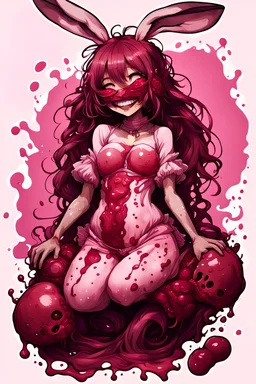 portrait a fullbody cute Anime girl smiling crushed inside really darkred fleshy stomach filled with digestive juices, bunny , mask, hair slime, out her mind, pink tones, in the style of arthur rackham,