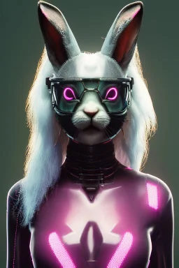 Medium Close Up Portrait, Front image. cyberpunk, rabbit mask, british woman, long hair. Latex suit army. Pink, white, color. Playboy style. Color background, photo studio. Avatar image, highly detailed, concept art, smooth, unreal engine 5, ray tracing, RTX, lumen lighting, ultra detail, volumetric lighting, 3d, finely drawn, high definition, high resolution.