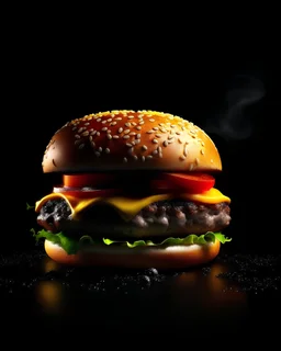 Hamburger on black background. Aesthetic Food Photography. HD. Glowing. 3d style