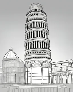 a coloring page, depicting the leaning tower of pisa, black and white, line art, outline, highly defined lines, hand drawn, grayscale