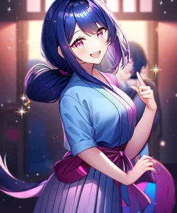 girl, masterpiece, best quality, cinematic lighting, detailed outfit, vibrant colors, perfect eyes, dark blue hair, pink eyes, long hair, low-tied hair, hakama, sparkle, depth of field, indoors, god rays, glowing light, ray tracing, laughing,