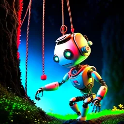 portrait of a cute chat robot swinging in a rope in an underground grove, in the style of dali, 8k, down-light, soft light, depth of field, photo realism, trending on art station, high detail,