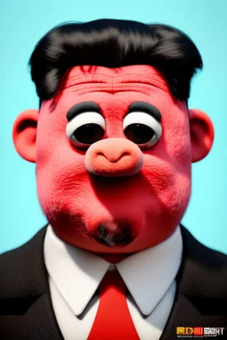 Waist up muppet Portrait, Kim Jong-un muppet doll, black suit, photo studio, red background, unreal engine 5, concept art, art station, god lights, ray tracing, RTX, lumen lighting, ultra detail, volumetric lighting, 3d.