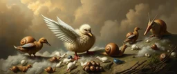 heavenly fluffy elevated messed up woodland duck snail and ad & d monster creatures flock painted by Nerdrum and Rembrandt