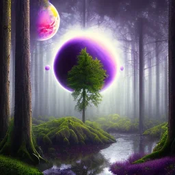 rainy forest with a purple planet over the land