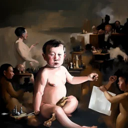 Putin, President Xi Of China And Joe Biden Play Chess With Atomic Bomb Mushroom Cloud,Complex Surgical Instruments Intermixed With A Newborn Boy,Minimalism,Painting By Adrian Ghenie,Rene Magritte,Pablo Picasso,Michelangelo,Salvador Dali,Lucian Freud