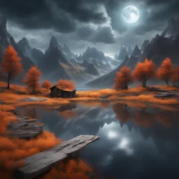 photo RAW,(autumn,mountains and a storm lake with a moon in the sky, old wooden slab home, 4k highly detailed digital art, 4 k hd wallpaper very detailed, impressive fantasy landscape, sci-fi fantasy desktop wallpaper, 4k wallpaper, 4k detailed hdr photography, sci-fi fantasy wallpaper, epic dreamlike fantasy landscape, 4k hd matte, 8k,Realistic, realism, hd, 35mm photograph, 8k), masterpiece, award winning photography, natural light, perfect composition, high detail, hyper realistic, (compositi