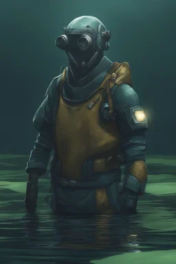 [future] A man in scifi outfit a pond