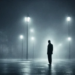 a man standing under a street light in the rain